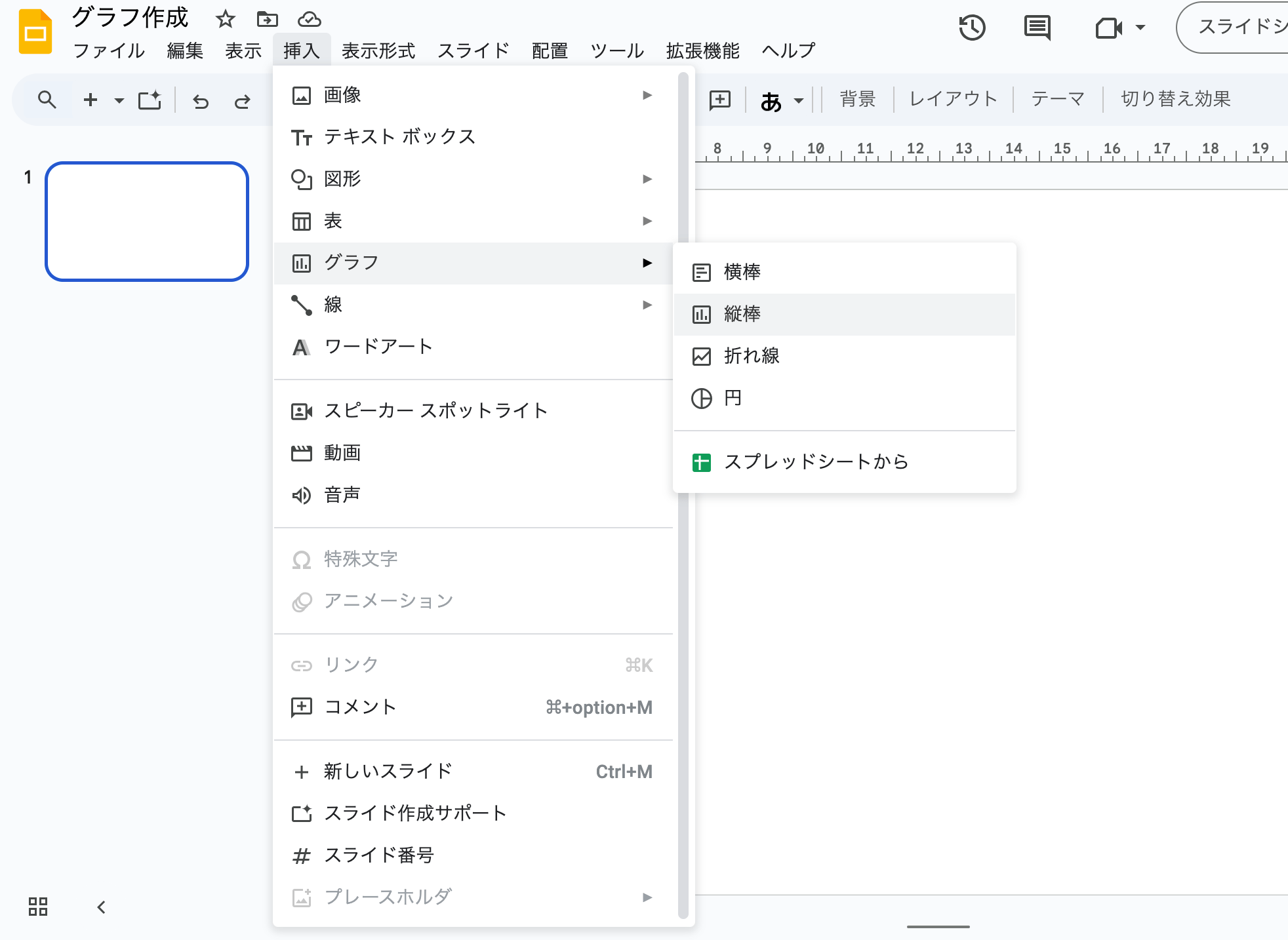 上部のメニューバーから「挿入」→「グラフ」→「棒グラフ」「縦棒グラフ」「折れ線グラフ」「円グラフ」のいずれかを選択